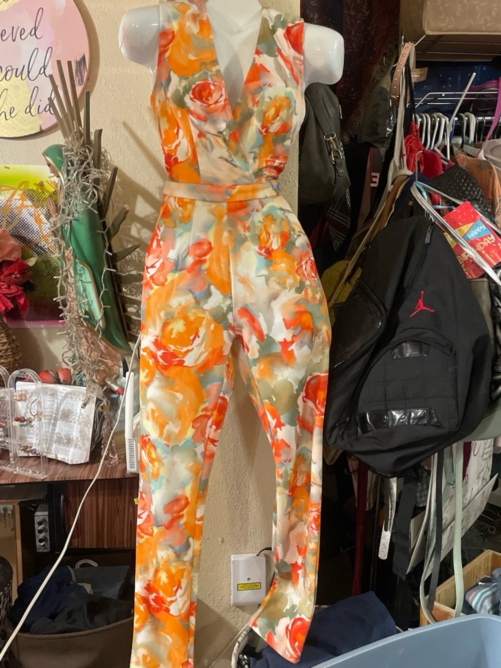 Xtaren Floral Wrap Jumpsuit in Orange, Cream and Green